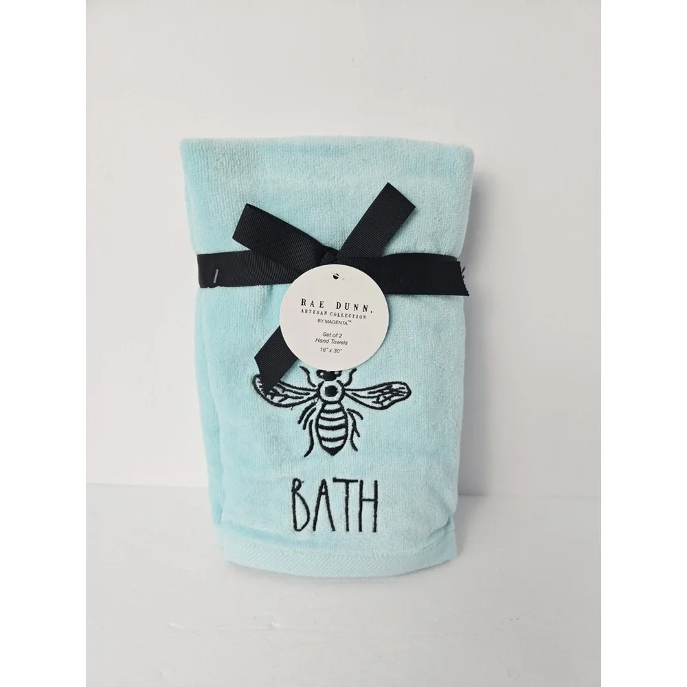 Rae Dunn bathroom hand towel bath bee Blue NEW set of 2 16x30